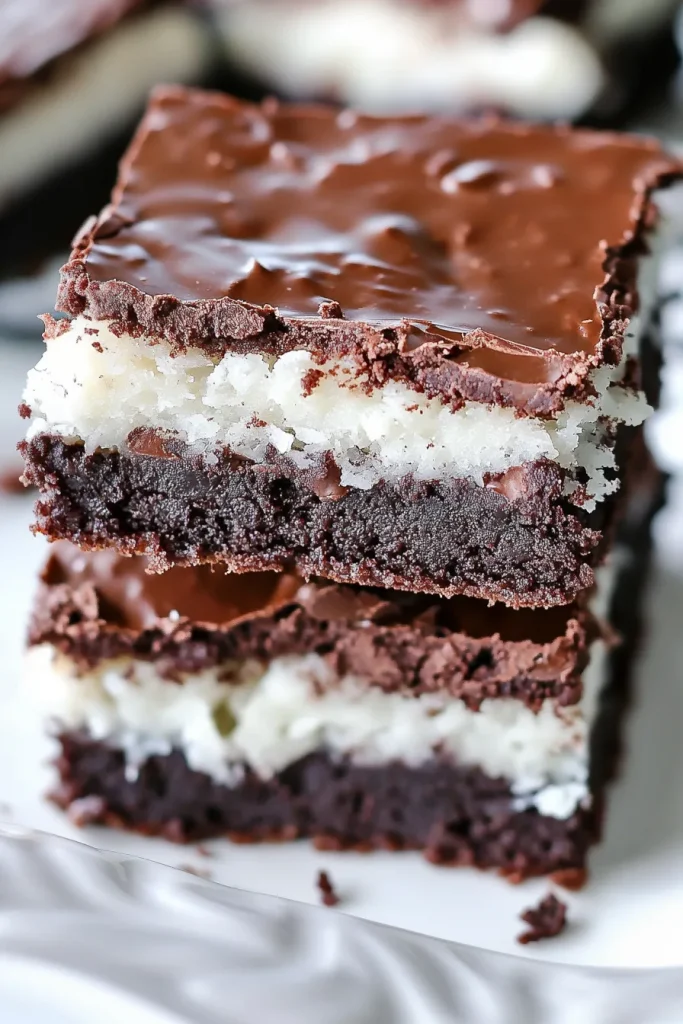Brownie squares with a thick coconut center and smooth chocolate glaze on top.