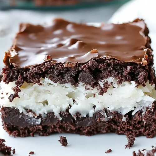 Closeโup of layered brownies highlighting the contrast between moist chocolate and creamy coconut.