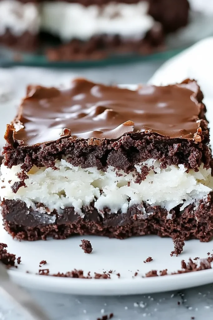 Closeโup of layered brownies highlighting the contrast between moist chocolate and creamy coconut.