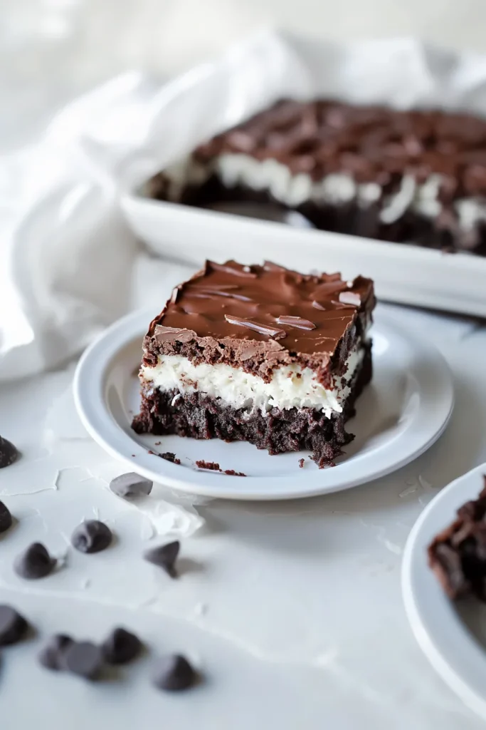 Final plated brownies styled to showcase the three distinct layers and rich chocolate finish.