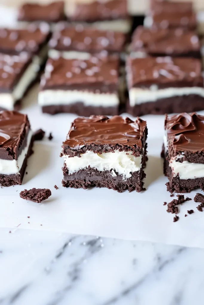 Side view of layered bars emphasizing texture: dense brownie base, fluffy coconut, shiny chocolate.