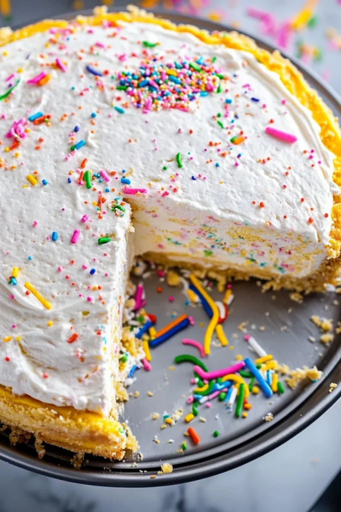 Close-up of fluffy filling with colorful sprinkles inside a golden crust.