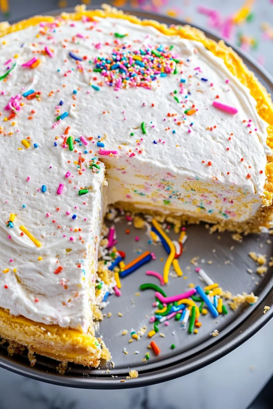 Close-up of fluffy filling with colorful sprinkles inside a golden crust.