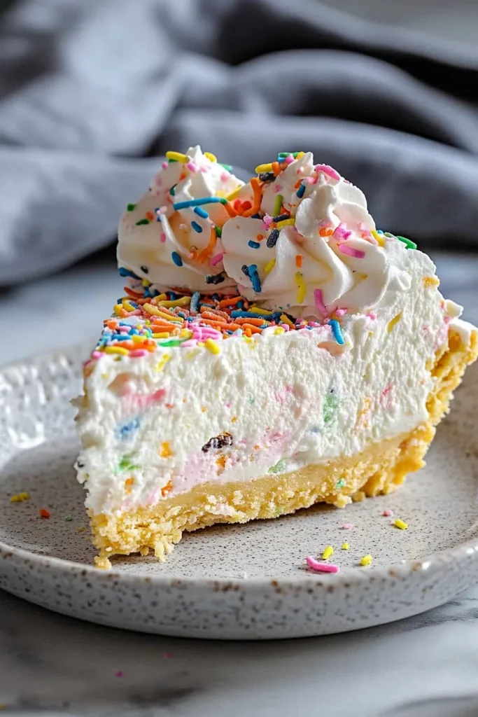 Dessert slice on a ceramic plate, showing layers of crust and mousseโlike topping.