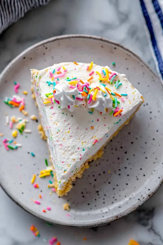 Overhead view of sprinkleโcovered cheesecake with piped whipped cream accents.