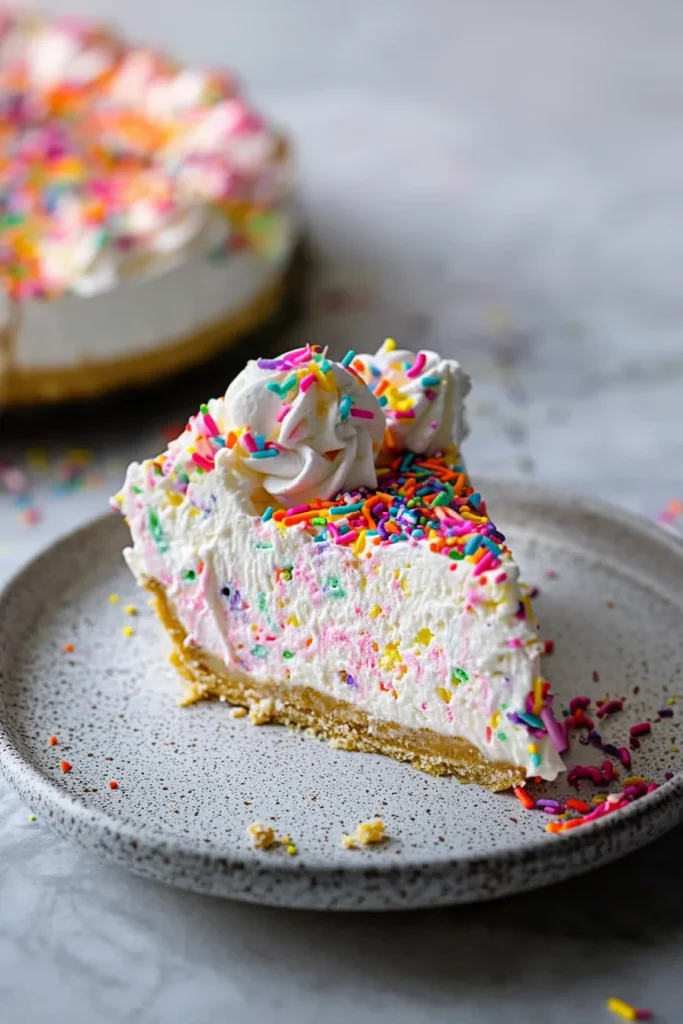 A slice of creamy cheesecake topped with rainbow sprinkles and whipped cream swirls.