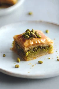 Golden squares of flaky pastry glistening with syrup and topped with crushed pistachios.