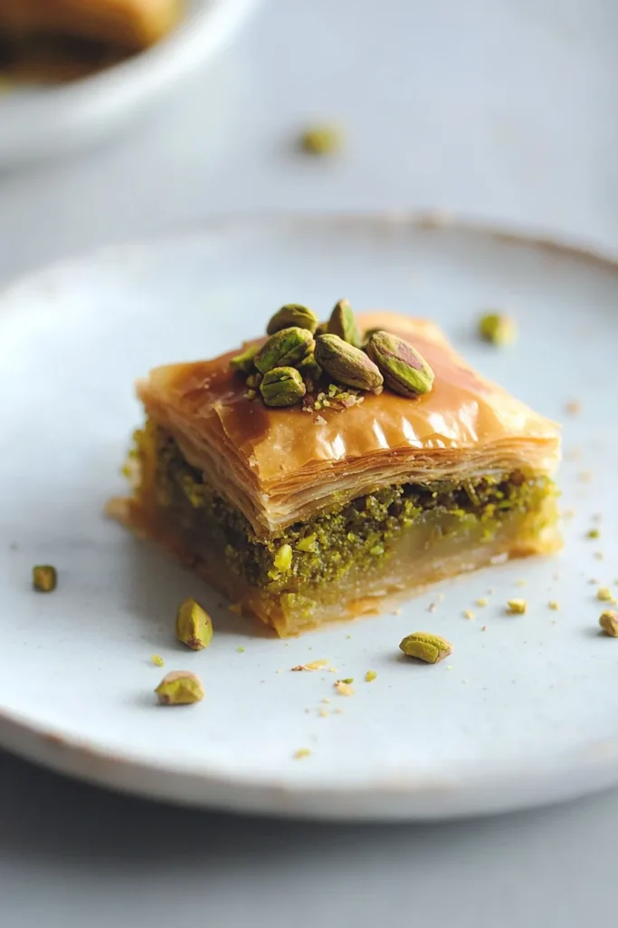 Golden squares of flaky pastry glistening with syrup and topped with crushed pistachios.