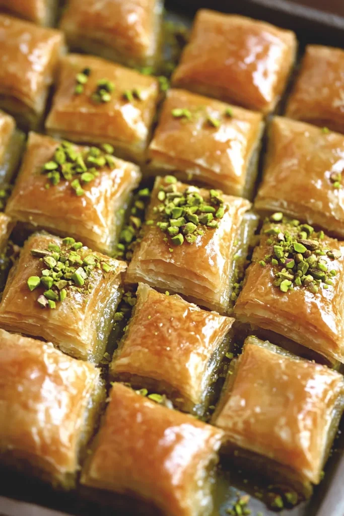 Tray of glossy pastries arranged neatly, each piece cut into bite-sized portions.