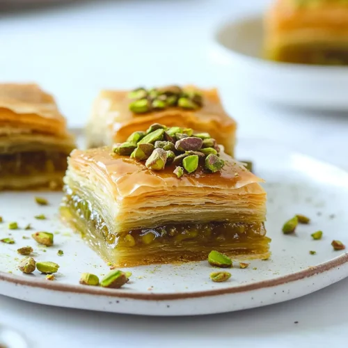 Close-up of layered baklava showing crisp phyllo sheets and nut filling inside.