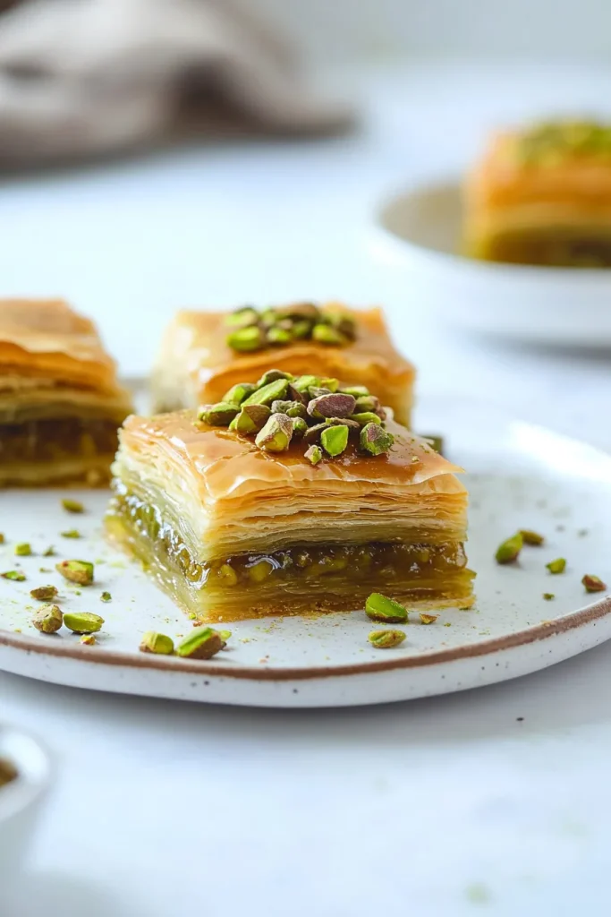 Close-up of layered baklava showing crisp phyllo sheets and nut filling inside.