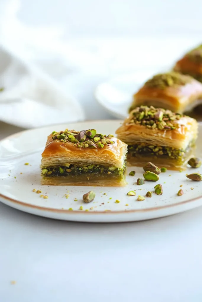 Neatly cut squares of golden pastry layered with pistachio filling and sprinkled with crushed nuts.