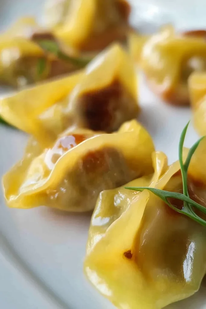 Close-up of dumplings showing delicate folds and translucent texture.