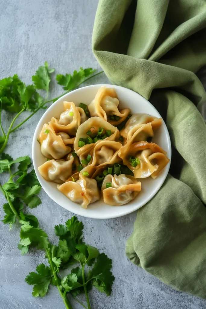 Glossy wrappers filled with savory meat, topped with chopped green onions.
