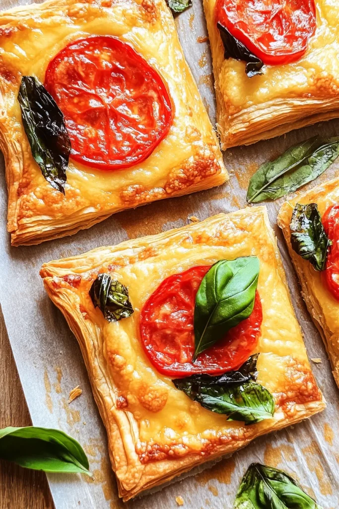 Flaky pastry layers with crisp edges, finished with fresh basil leaves.