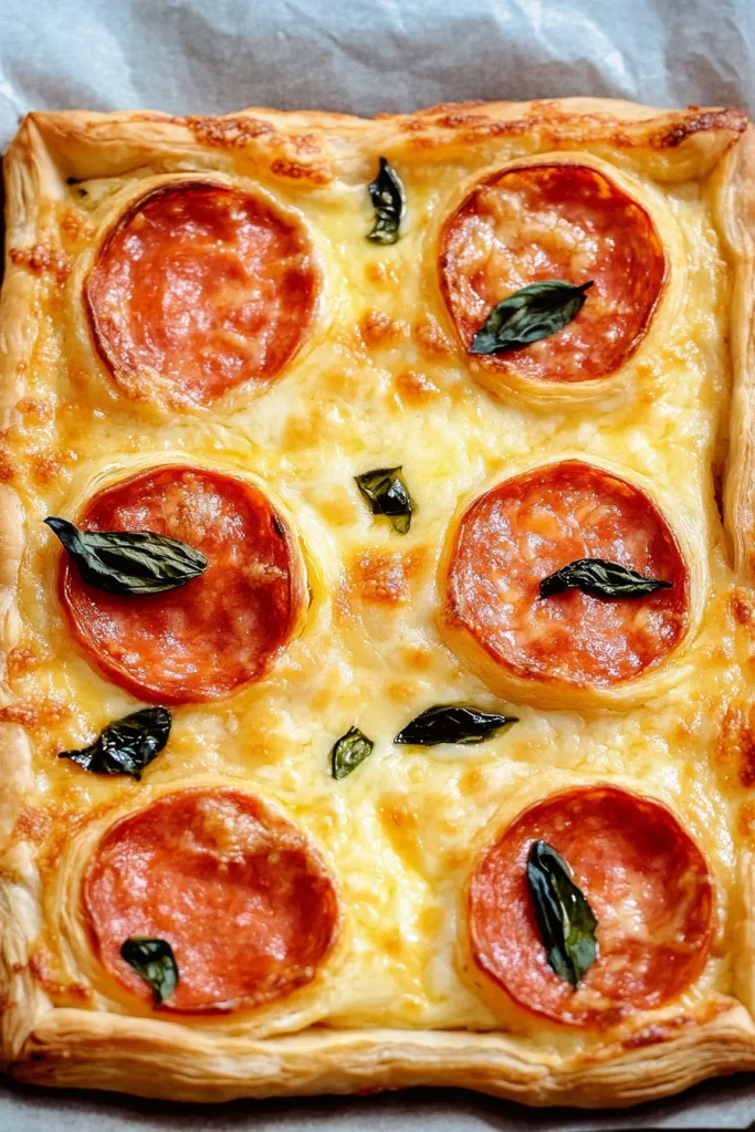 Close-up of airy pastry base holding gooey cheese and savory toppings.