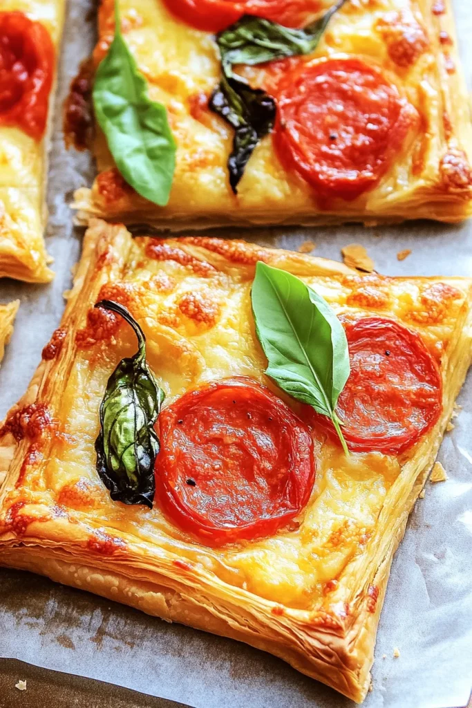 Rustic serving board with puff pastry bites, highlighting their golden crust.