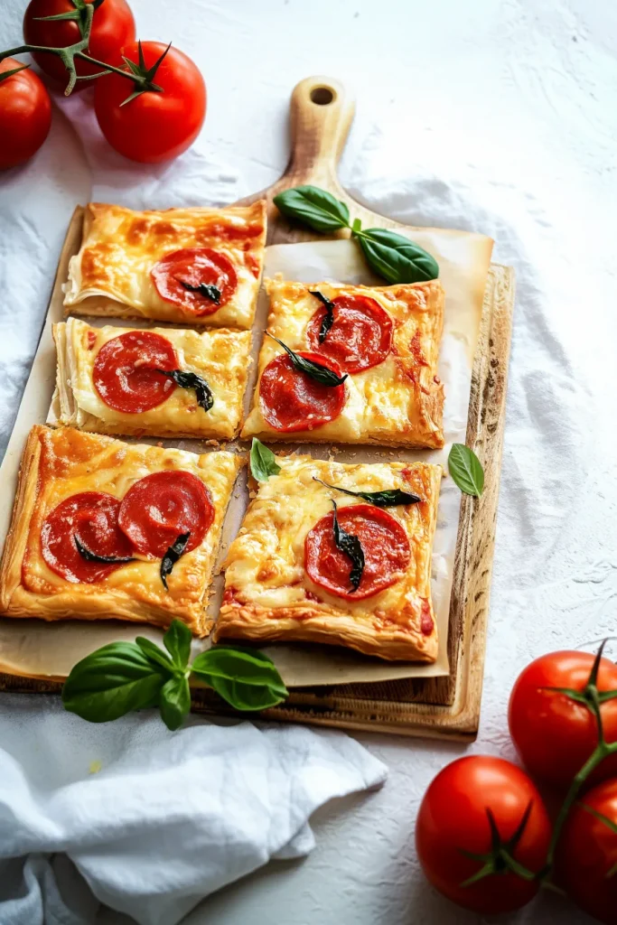 Golden puff pastry squares topped with melted cheese and pepperoni.