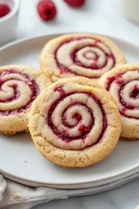 Plate of baked cookies highlighting the contrast between golden crust and ruby filling.