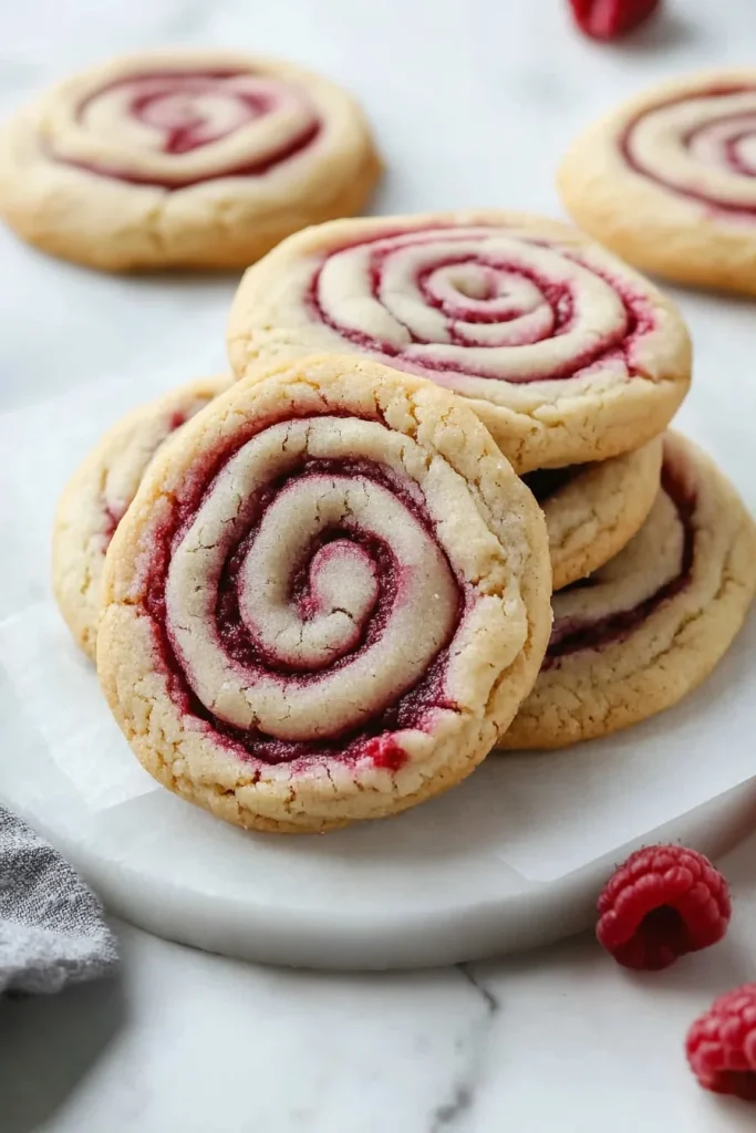 Stack of swirl cookies on a linen cloth, with fresh raspberries scattered around.