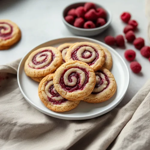 Overhead shot of cookies with raspberry centers, styled with fruit for a bright finish.