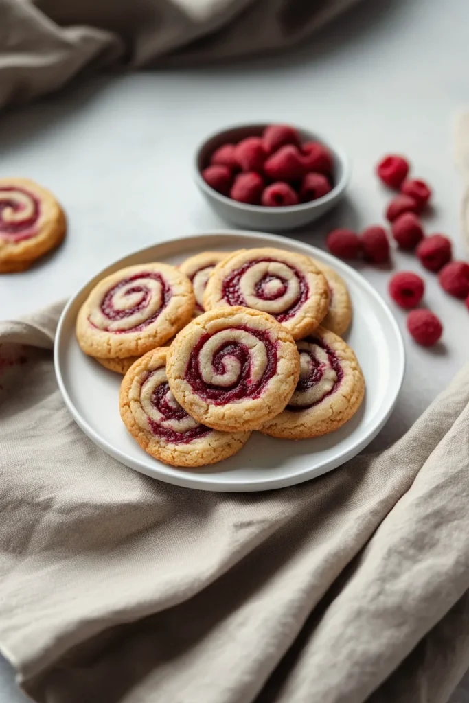 Overhead shot of cookies with raspberry centers, styled with fruit for a bright finish.