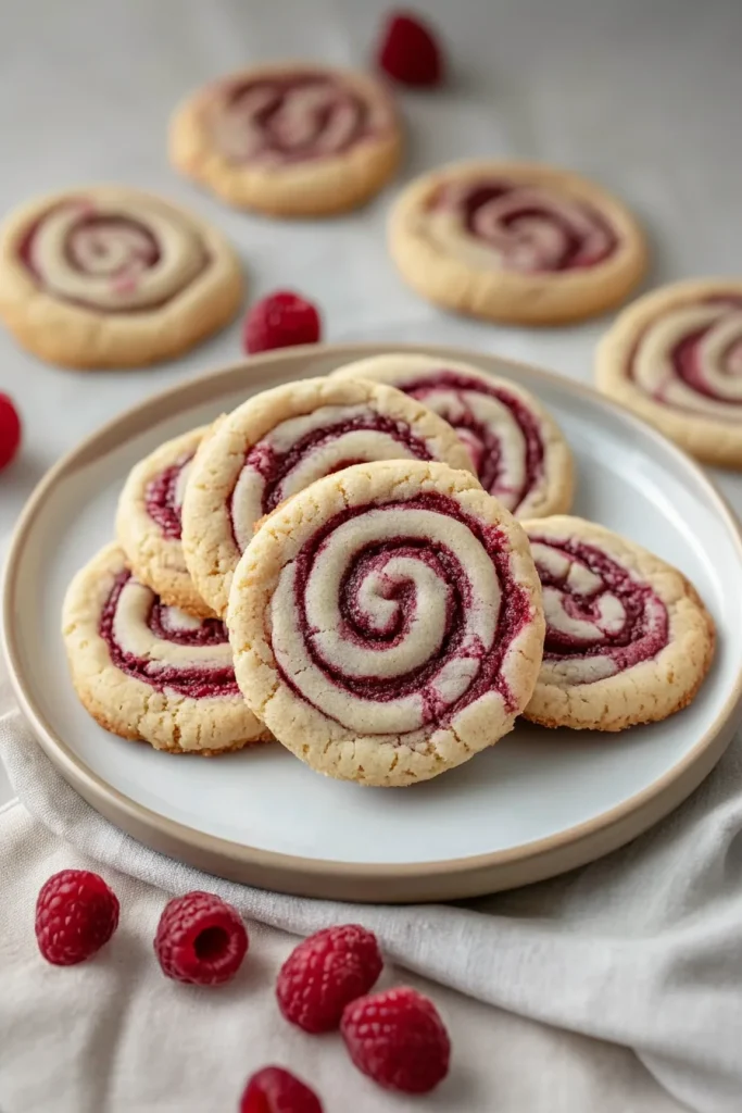 Golden spiral cookies with a vibrant raspberry swirl, arranged neatly on a plate.
