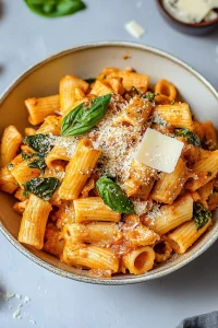 Final plated shot of rigatoni in a smooth red pesto sauce, sprinkled with Parmesan.
