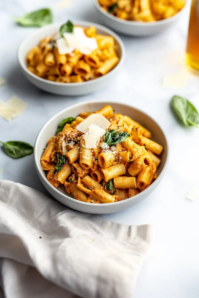Hearty pasta dish served in a bowl, finished with grated cheese and herbs.