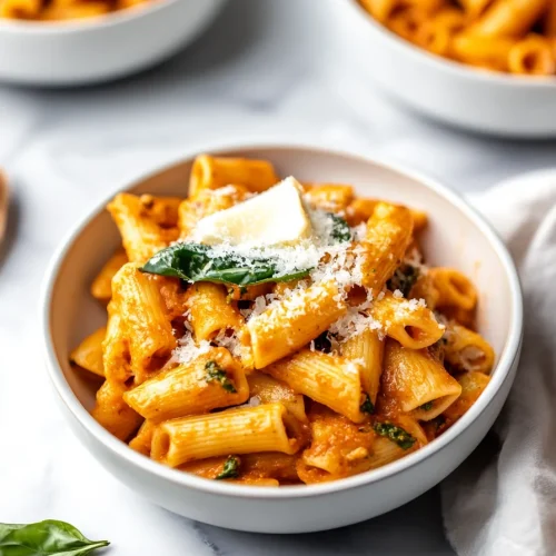 Rigatoni coated in a rich tomato-basil sauce, topped with shaved Parmesan.
