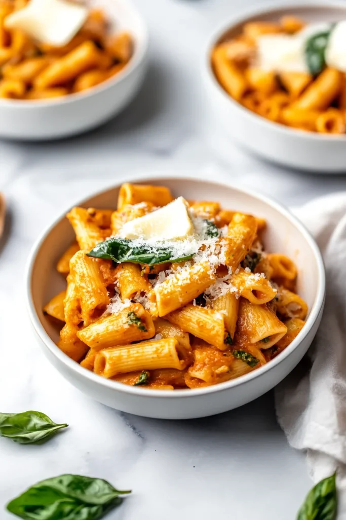 Rigatoni coated in a rich tomato-basil sauce, topped with shaved Parmesan.