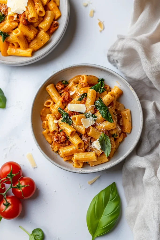 Overhead view of pasta in a rustic bowl, showing the sauceโs warm color and fresh basil leaves.