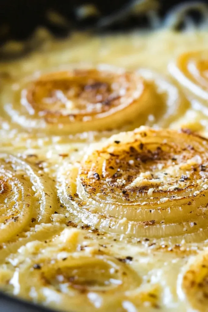 Close-up of spiral onion layers coated in rich, cheesy sauce.