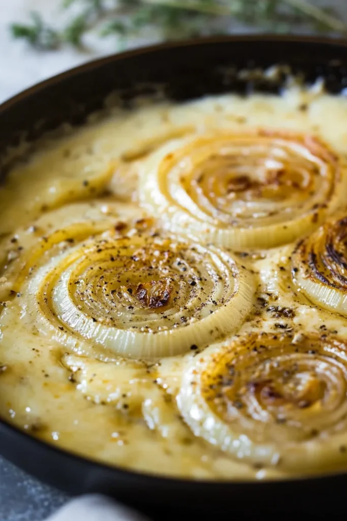 Pan of baked onions surrounded by bubbling cream and crisp edges.