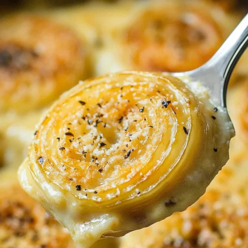 A spoon lifting a tender onion roll layered with cheese and pepper.