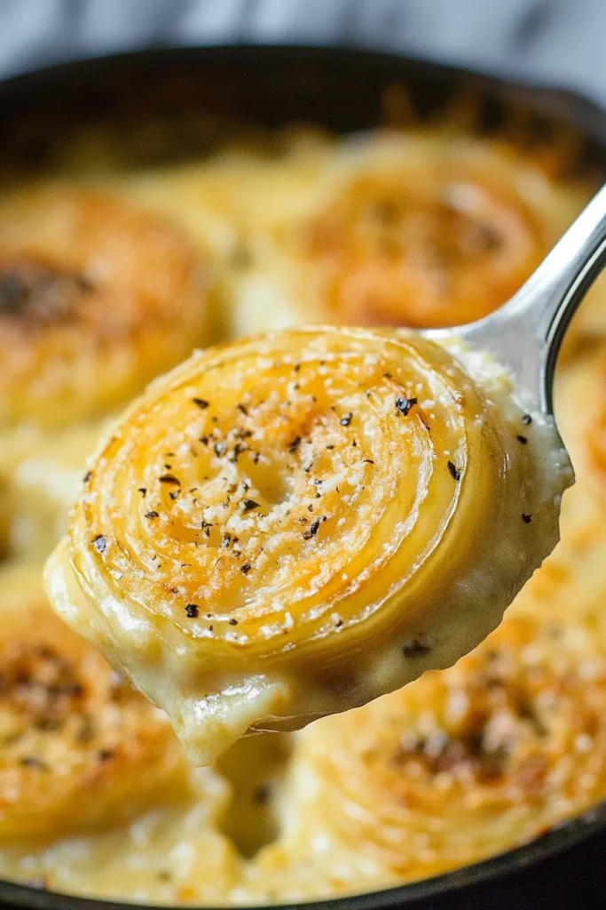 A spoon lifting a tender onion roll layered with cheese and pepper.