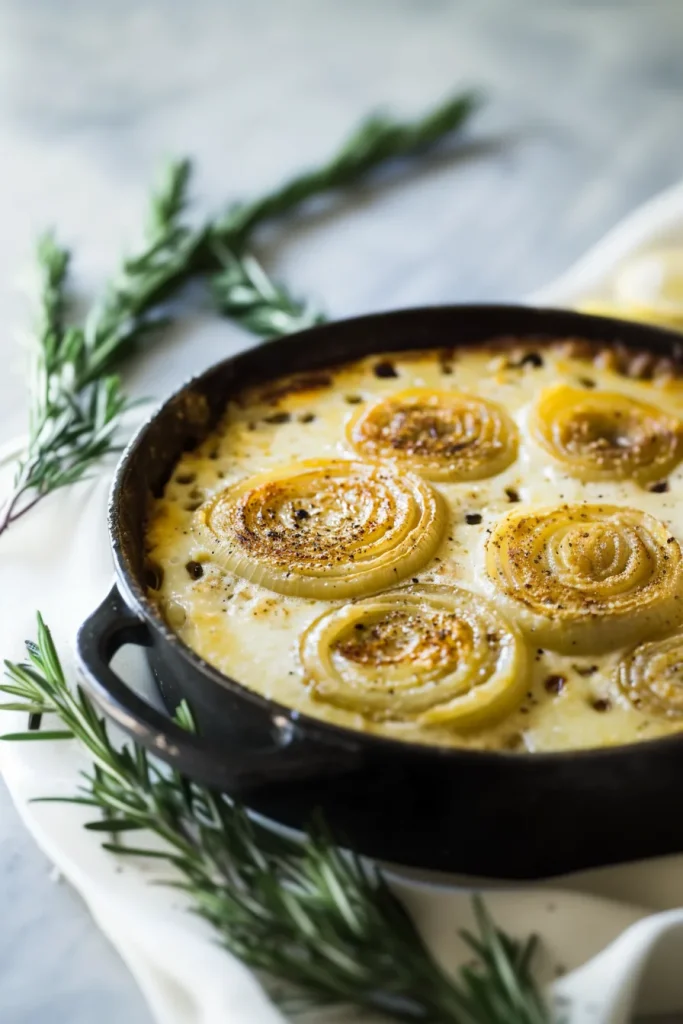 Golden roasted onions nestled in creamy sauce with melted parmesan on top.