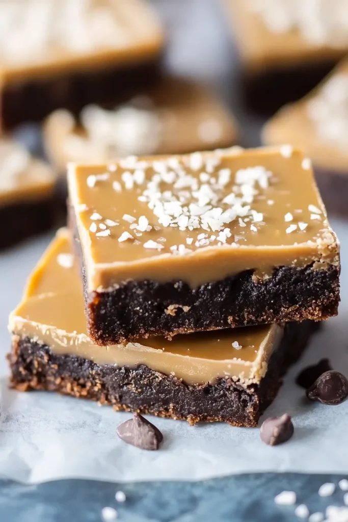 Close-up of layered bars showing rich chocolate bottom and smooth caramel frosting.