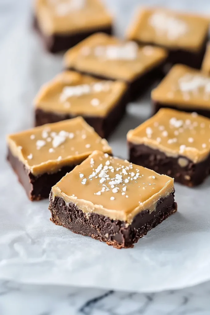 Square dessert bars with a dark chocolate base and golden caramel topping, sprinkled with sea salt.
