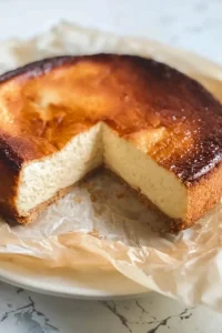 Cheesecake resting on a white plate, highlighting its rustic baked finish.
