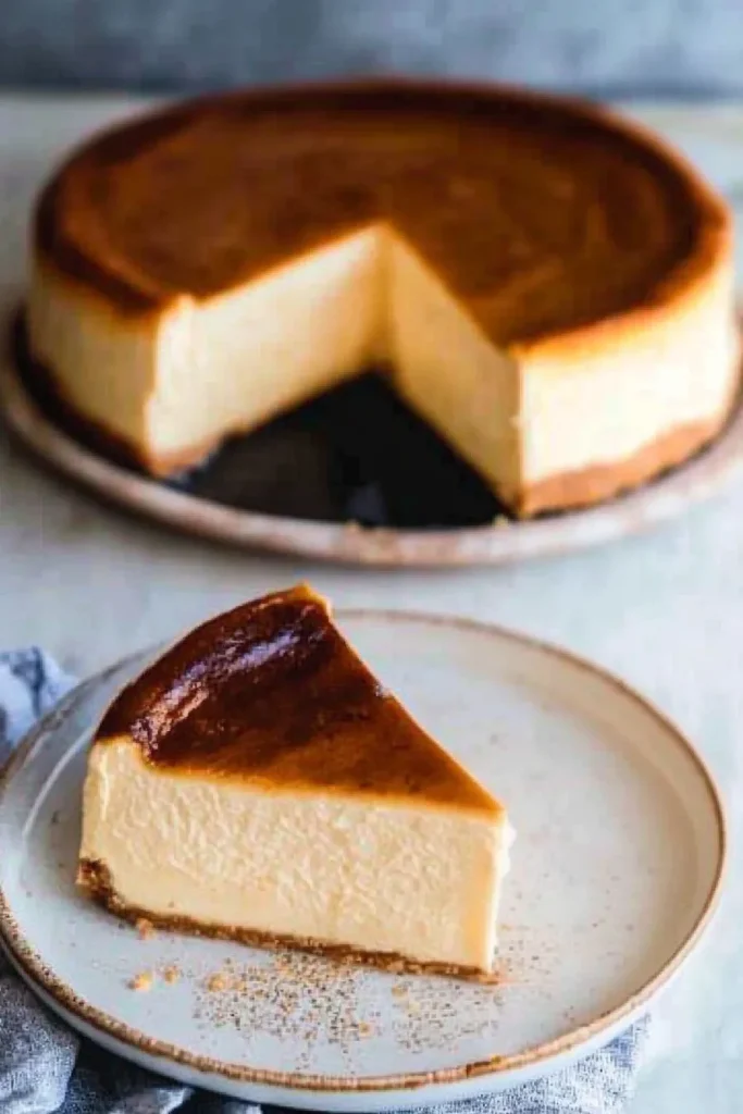 A single slice of cheesecake served, revealing rich texture and browned edges.