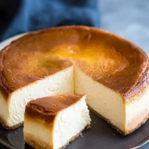 A round baked cheesecake with a slice removed, showing its creamy interior.