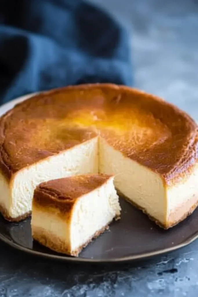 A round baked cheesecake with a slice removed, showing its creamy interior.