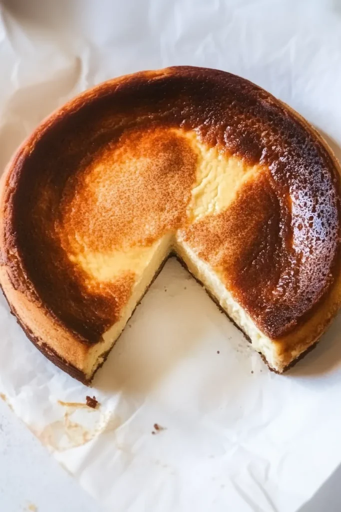 Golden-brown cheesecake top with a smooth, dense filling on parchment paper.
