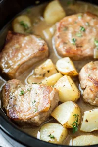 Tender meat and chunky potatoes garnished with fresh herbs.