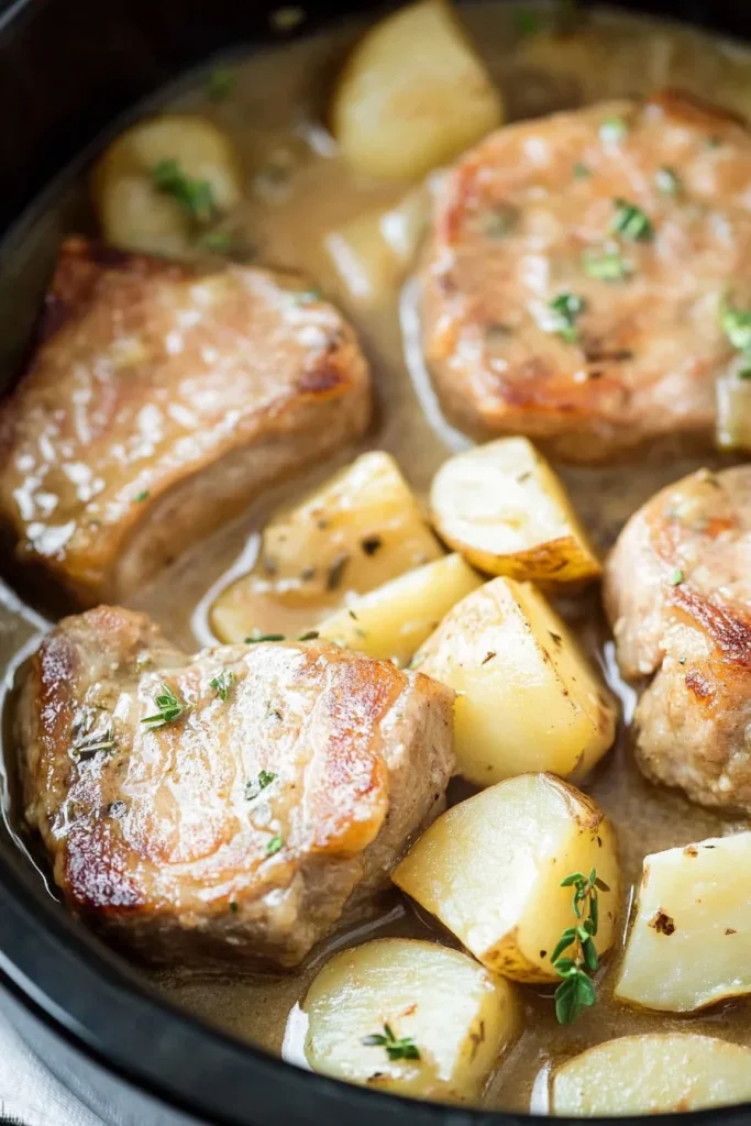 Tender meat and chunky potatoes garnished with fresh herbs.