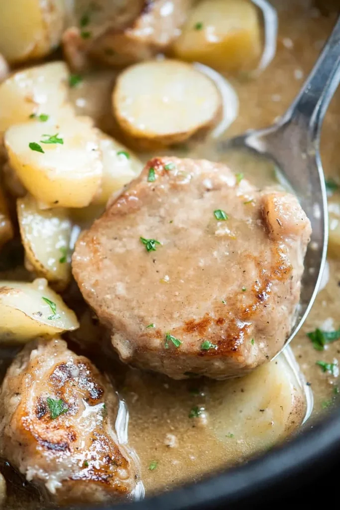 Slow-cooked pork and potatoes coated in rich, savory gravy.