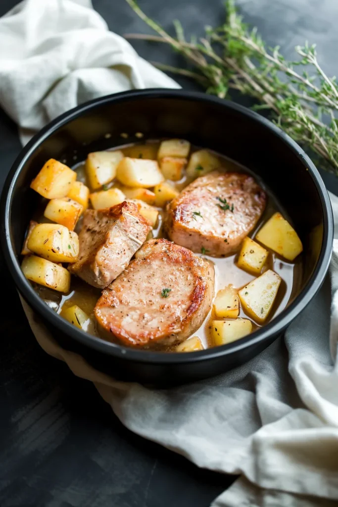 Hearty comfort food served hot: browned chops and rustic potatoes.