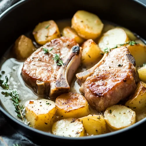 Golden pork chops nestled in creamy sauce with tender potatoes.