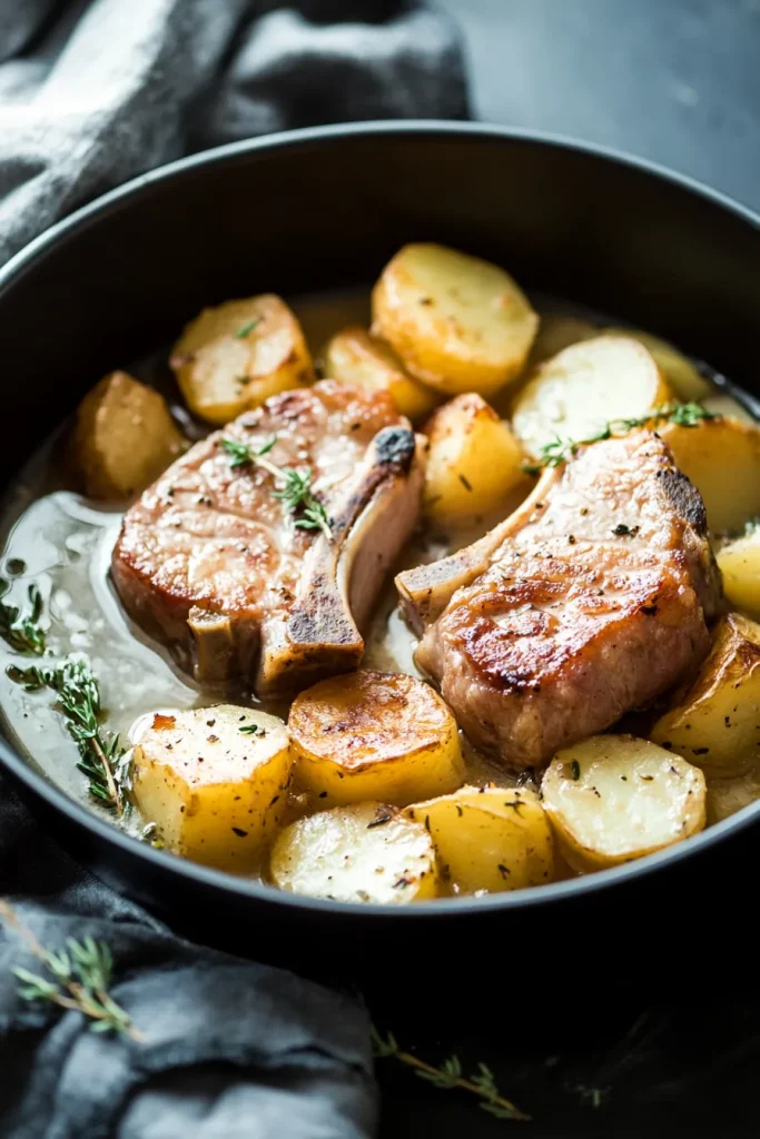 Golden pork chops nestled in creamy sauce with tender potatoes.